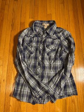 Arizona Jean Co Plaid Snap Shirt Juniors Large Blue Green